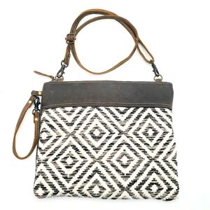 Myra Sine Qua Canvas Leather Crossbody Shoulder Bag Brown Grey Diamond Boho